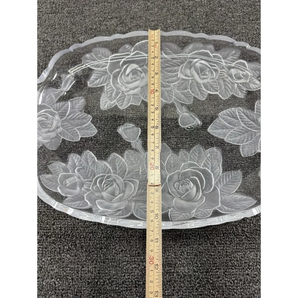 Clear Pressed Glass Oval Serving Tray, Floral‎ Rose Pattern, Decorative